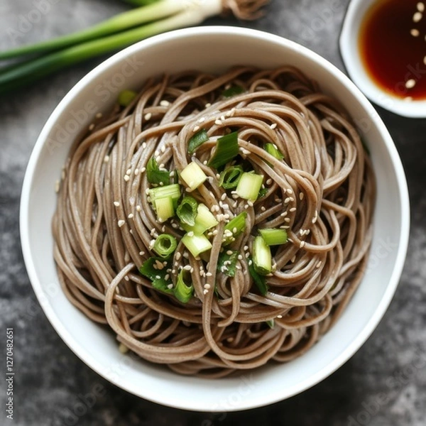 Fototapeta A vibrant bowl of cold soba noodles with a dipping sauce and sliced scallions, served in a white bowl, Noodles centered with a side of dipping sauce