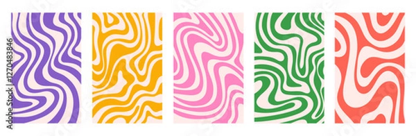 Fototapeta Abstract set vertical backgrounds with colorful waves. Trendy vector illustration in style retro 60s, 70s.
