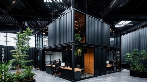 Fototapeta A group of people working inside a repurposed container office, with large windows and an industrial-chic interior design.