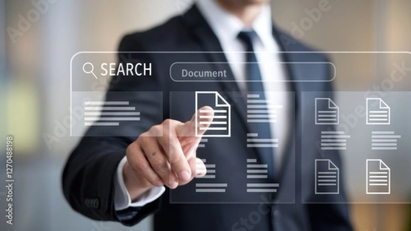 Fototapeta Businessman interacts with a digital document search interface