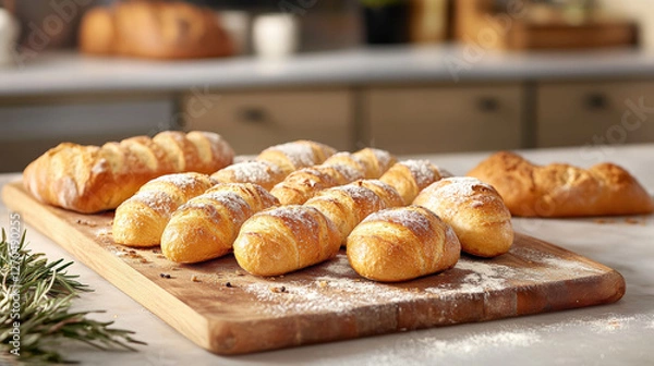 Fototapeta Freshly baked artisan breads arranged on wooden board, dusted with flour, showcasing variety of shapes and textures. Perfect for cozy meal or gathering