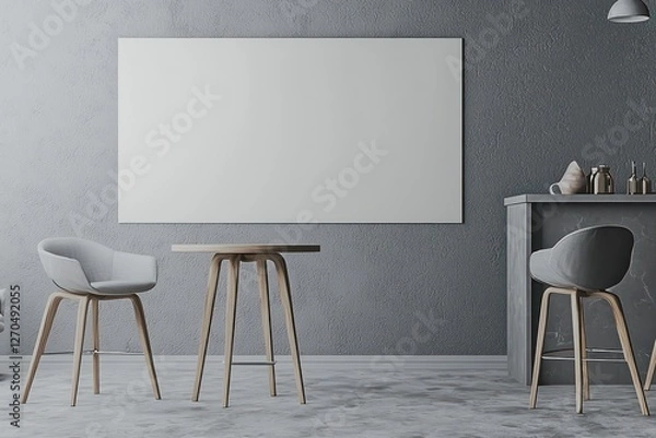 Fototapeta Bar setup in gray minimal room, tall chairs, space for art, 3D modeled.