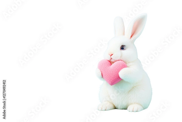 Fototapeta Adorable white rabbit holding a pink heart isolated on a white background, symbolizing love and affection. Ai generative