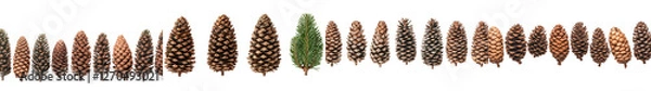 Obraz An assortment of different sized pine cones arranged in a row on a rustic wooden surface against a natural background  The pine cones vary in color from light brown to dark brown