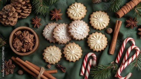 Fototapeta flat-lay of holiday cookies, powdered sugar, candy canes, and cinnamon sticks, arranged creatively on a festive green cloth, Generative AI