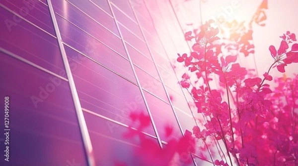 Fototapeta Solar Panel Field in Grassy Area with Mountains in the Background on a Sunny Day
