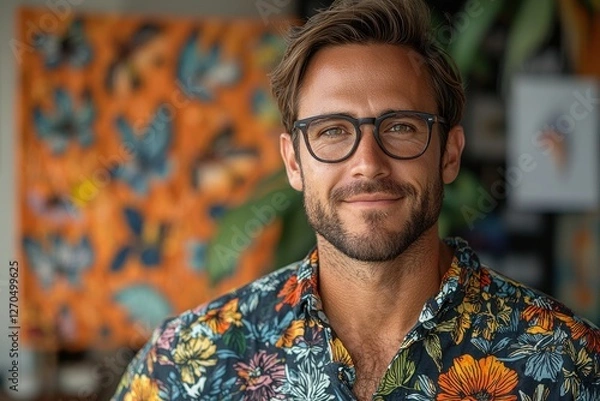 Fototapeta Portrait of a Smiling Man with Glasses Wearing a Floral Shirt