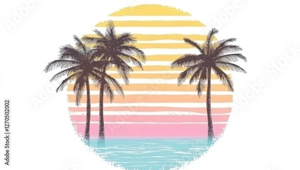 Fototapeta Tropical sunset beach palm trees graphic design