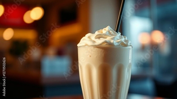 Fototapeta Classic vanilla milkshake in elegant glass with whipped cream and warm bokeh background