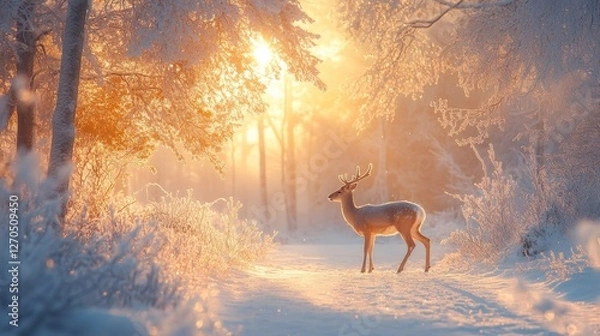 Fototapeta serene sunrise over a snowy forest with rays of light filtering through icy branches and a deer walking softly, Generative AI