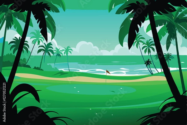Fototapeta Lush tropical golf course showcasing vibrant green fairways, palm trees swaying in the breeze, and a breathtaking ocean vista.