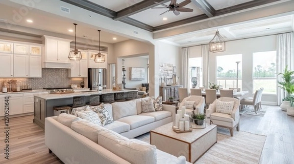 Fototapeta Bright and spacious modern living room with dining area and open kitchen, featuring elegant furniture and tasteful decor. Elegant Modern Home Living Room with Open Kitchen and Stylish Interior Design