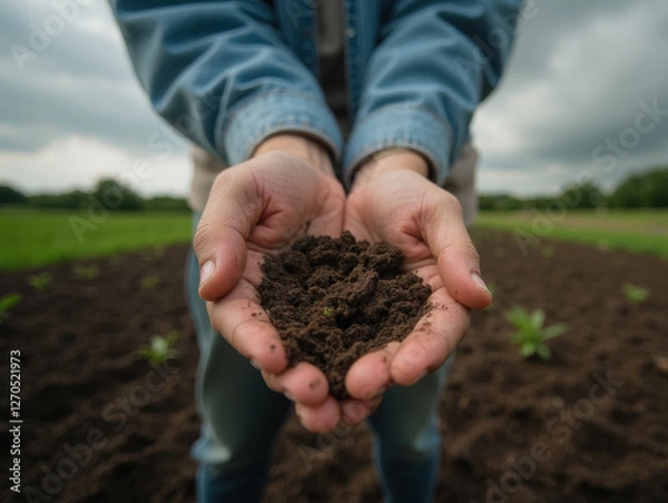 Fototapeta Close-up of hands holding rich soil in lush green field under cloudy sky