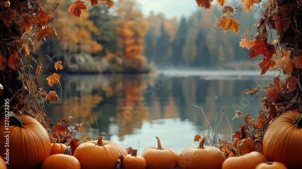 Fototapeta A serene pumpkin border framing a tranquil pond with reflections of autumn trees