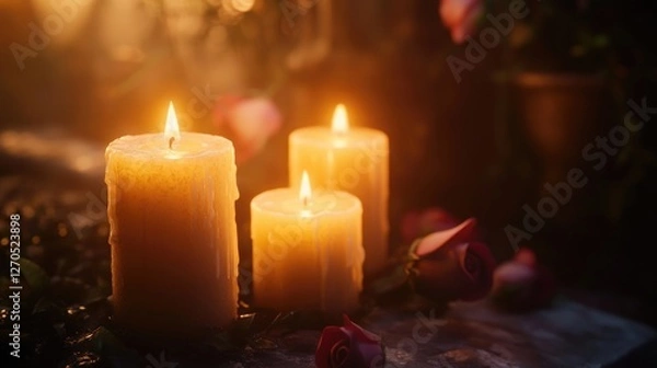 Fototapeta A set of candles lit in a peaceful setting, casting a warm glow and creating a sense of remembrance