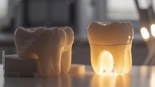Fototapeta A set of dental casts placed next to a model tooth, illuminated by the soft glow of clinic lights