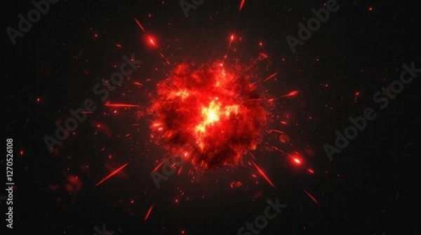 Fototapeta A single red firework explosion with glowing edges and sharp streaks of light, on a transparent background