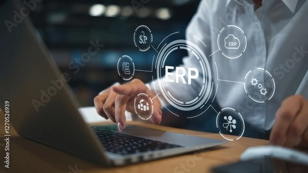 Fototapeta Woman using laptop with erp system interface overlaid