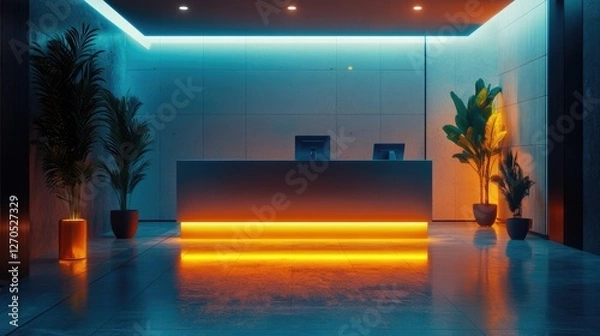 Fototapeta A sleek, modern reception area with bright lighting and decor