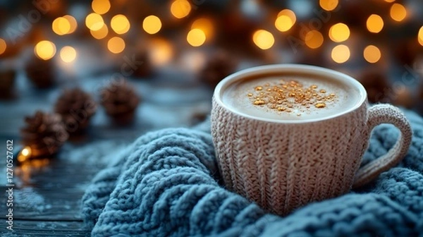 Fototapeta Cozy Cup of Seasonal Latte Decorated With Sparkling Glitter during Festive Holidays