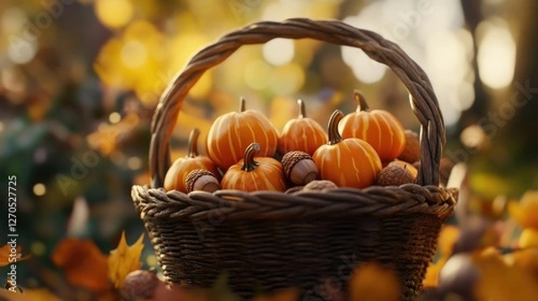 Fototapeta A small basket filled with miniature pumpkins and acorns under soft lighting