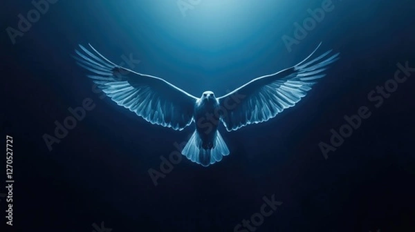 Fototapeta A small eagle icon, wings outstretched, glowing in front of a rich blue background