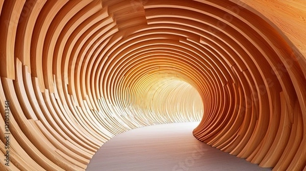 Fototapeta Intricate Wooden Tunnel Design with Curved Lines and Warm Light
