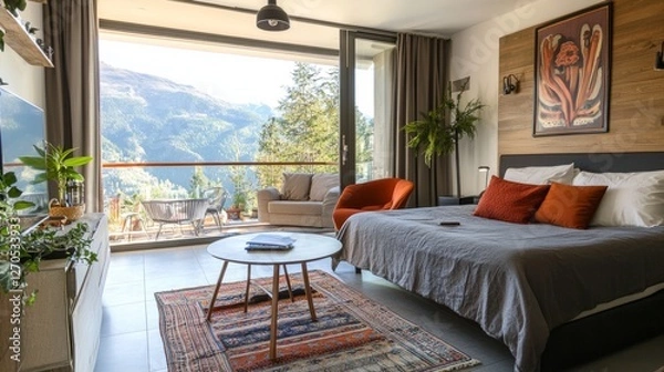 Obraz Stylish interior design of the studio apartment. Modern furniture. Amazing panoramic view from the windows.