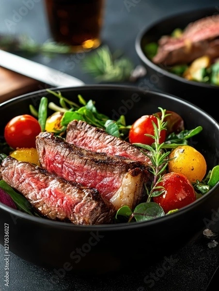 Obraz Grilled steak and cherry tomatoes salad modern kitchen food photography stylish setting close-up culinary delight