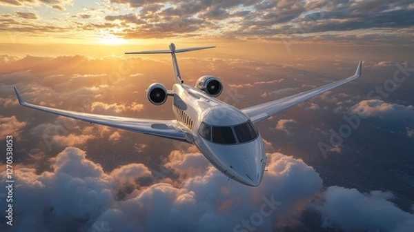 Obraz A luxurious private jet soars gracefully high above a stunning cloudscape at sunset time