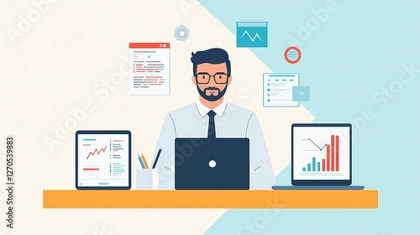 Obraz Modern workspace a man working at a desk with laptop and tablet for increased productivity