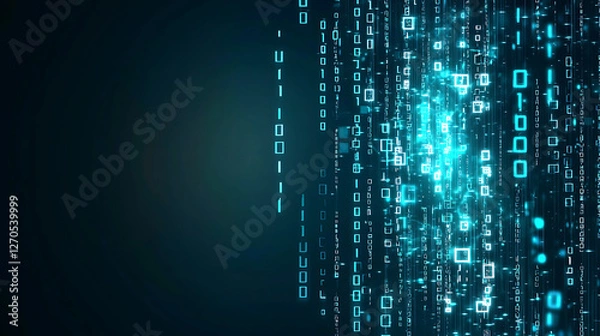 Fototapeta Digital technology background with glowing binary code and data streams