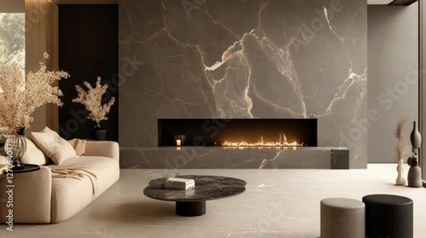 Fototapeta Modern Luxury Living Room with Fireplace and Sleek Marble Decor