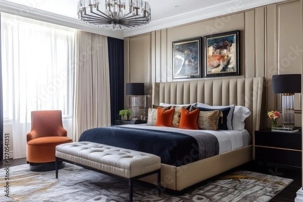 Fototapeta An Art Deco bedroom featuring bold colors, geometric shapes, and luxurious materials. Use opulent furniture with clean lines, rich fabrics, and metallic accents. Incorporate mirrored surfaces