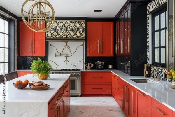 Fototapeta An Art Deco kitchen featuring bold colors, geometric shapes, and luxurious materials. Use opulent cabinetry with clean lines, rich fabrics, and metallic 