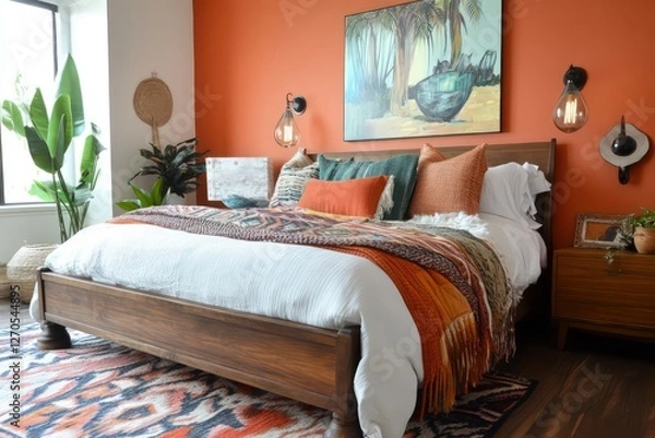 Fototapeta An eclectic bedroom combining diverse styles, periods, and influences. Experiment with a bold color palette, varied textures, and unique furniture pieces