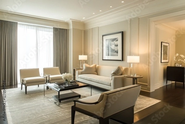 Fototapeta A transitional living room blending classic warmth with contemporary clean lines. Opt for a neutral color scheme, streamlined furniture pieces, and refined textiles. Integrate modern lighting fixtures