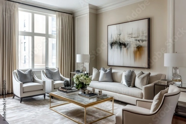 Fototapeta A transitional living room blending traditional warmth with contemporary clean lines. Use a neutral color palette with pops of color, mix classic and modern furniture pieces