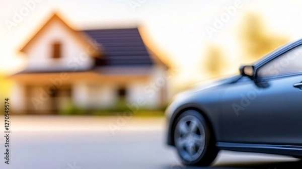 Fototapeta A sleek car parked in front of a modern house with a blurred background suggesting tranquility
