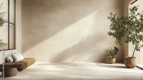 Obraz Serene Soft Creamy Beige Room with Natural Light and Greenery