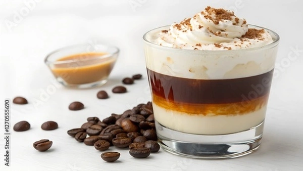 Fototapeta A Coffee Confection: A meticulously arranged, visually stunning coffee drink presented in a transparent glass, adorned with layers of espresso, cream and cocoa sprinkles.