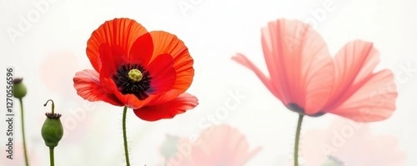 Fototapeta Vibrant red poppy, delicate petals, white background, elegant, element, flora