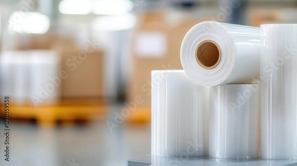 Obraz Rolls of polyethylene film with different thickness levels, displayed in a production facility.