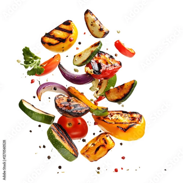 Fototapeta falling grilled vegetables isolated on transparent background, in PNG format, cut out