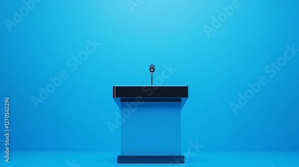 Fototapeta Podium of Promise: A sleek podium with an attached microphone stands center stage against a vibrant blue background, exuding anticipation and the promise of communication.