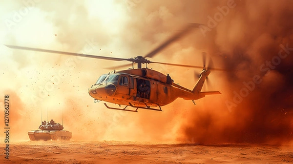 Fototapeta A helicopter is flying over a battlefield with soldiers on the ground