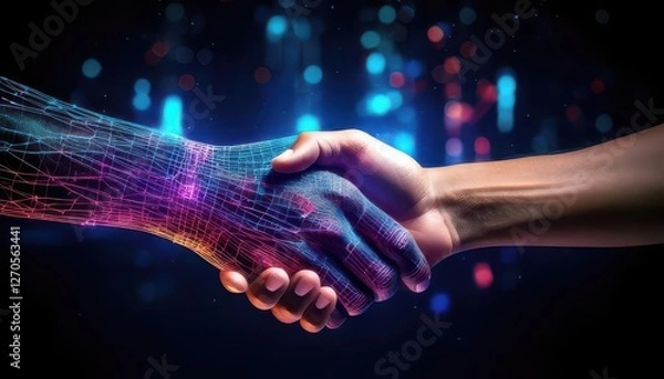 Obraz A digital and human hand shaking, symbolizing collaboration and technology integration.