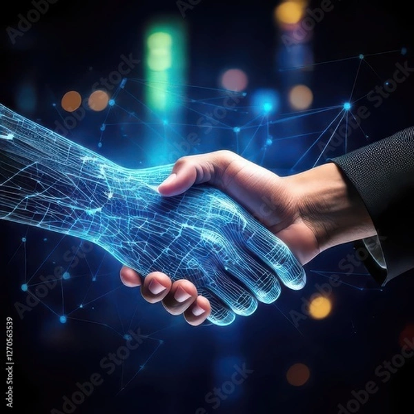 Obraz A human and a robotic hand shake, symbolizing partnership and technology.