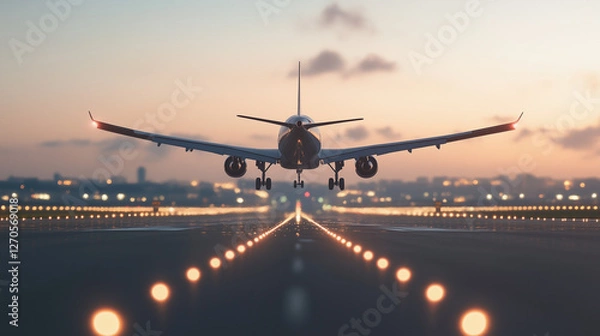 Fototapeta Soaring to New Heights: An airplane descends gracefully toward the runway, its lights illuminating the path as the sun sets in a blaze of glory.