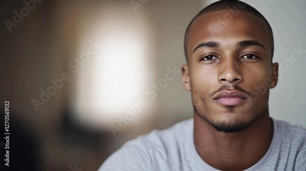 Obraz Young man poses confidently in a light gray shirt, showcasing his facial features with a softly blurred background and natural lighting emphasizing his expression